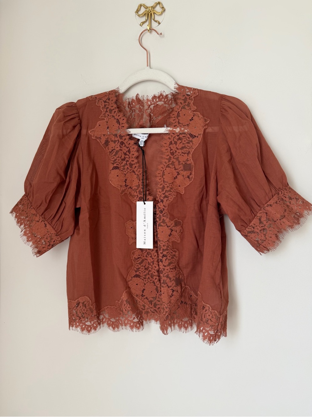 Brown Lace-Trim cotton short Sleeve Top